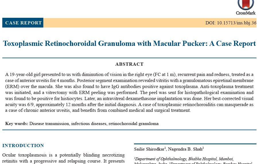 Toxoplasmic Retinochoroidal Granuloma with Macular Pucker: A Case Report