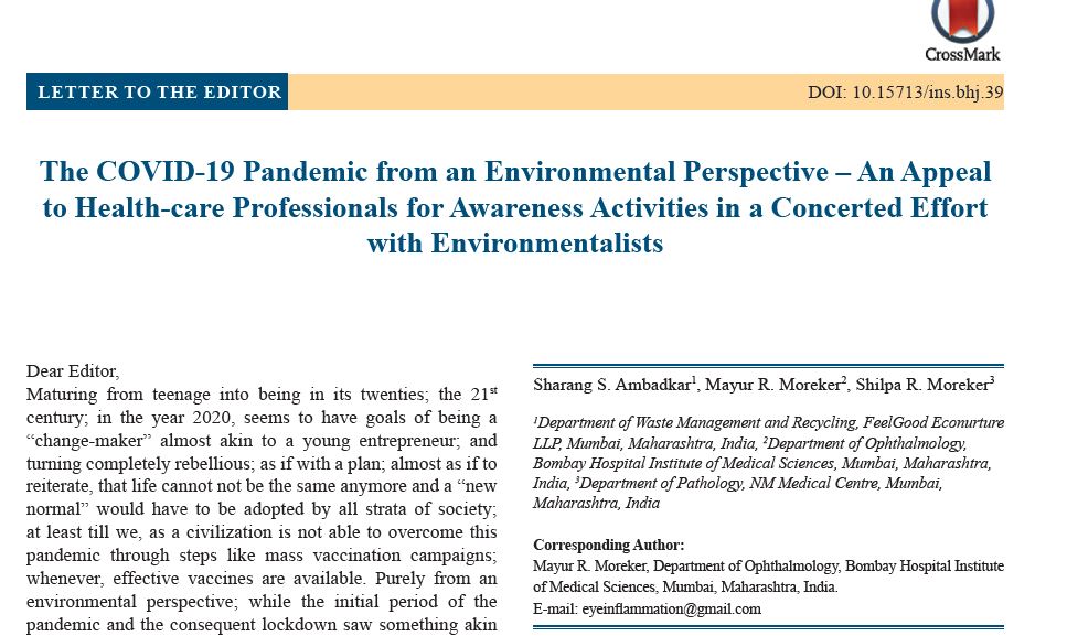 The COVID-19 Pandemic from an Environmental Perspective – An Appeal to Health-care Professionals for Awareness Activities in a Concerted Effort with Environmentalists