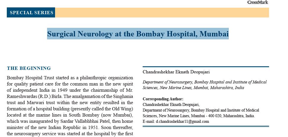 SPECIAL SERIES-Surgical Neurology at the Bombay Hospital, Mumbai