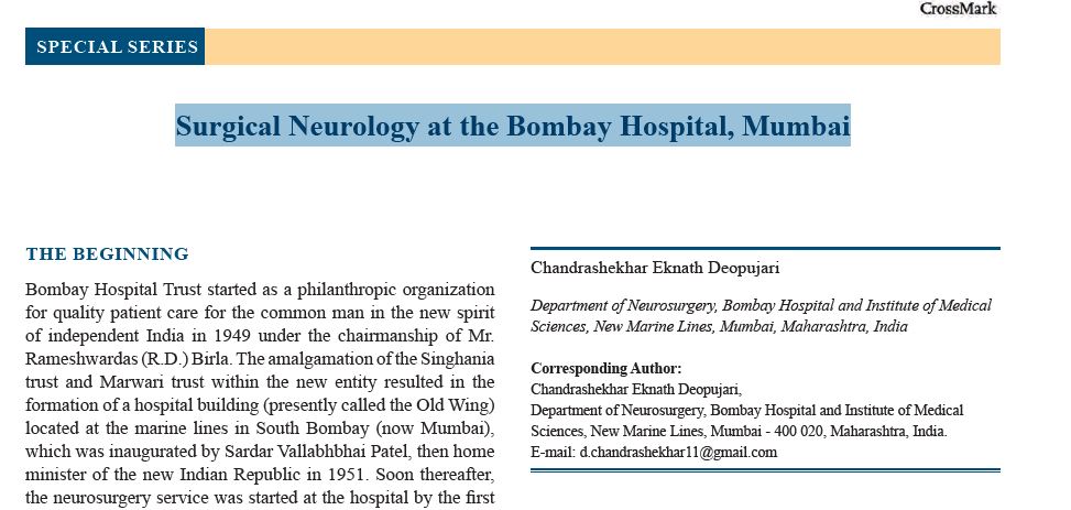 SPECIAL SERIES-Surgical Neurology at the Bombay Hospital, Mumbai