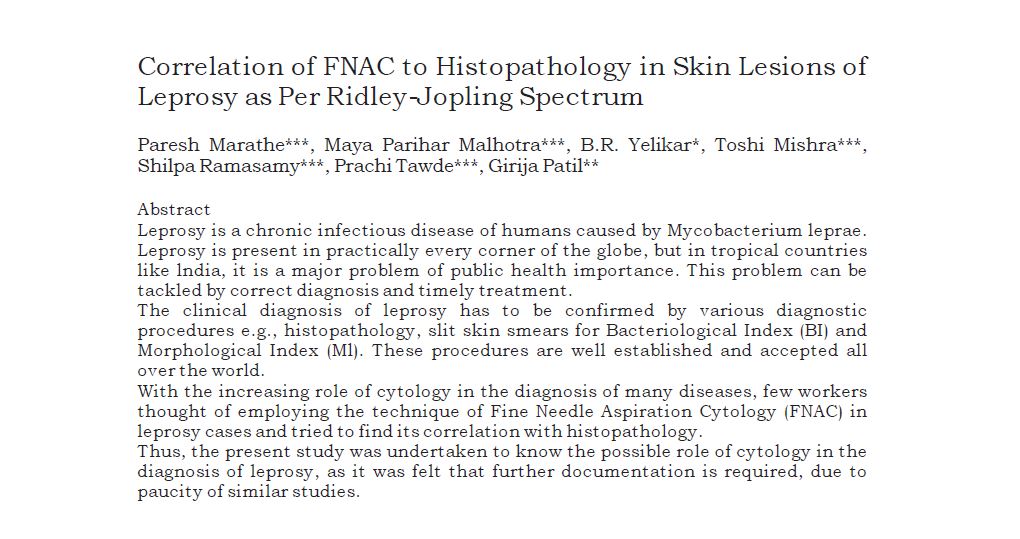 Correlation of FNAC to Histopathology in Skin Lesions of Leprosy as Per Ridley-Jopling Spectrum
