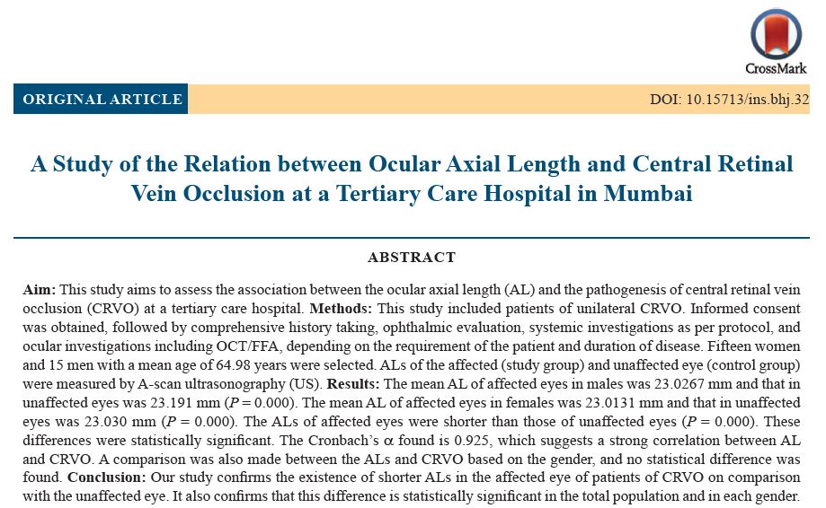 A Study of the Relation between Ocular Axial Length and Central Retinal Vein Occlusion at a Tertiary Care Hospital in Mumbai